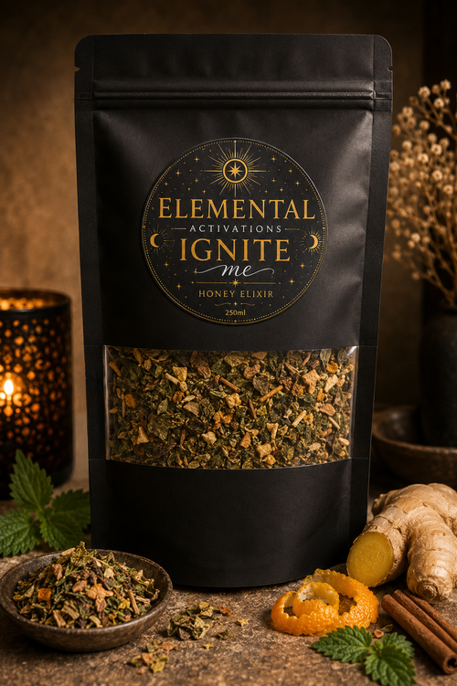 Ignite Me Tea — Elemental Activations black stand-up pouch with loose leaf herbs, ginger and cinnamon