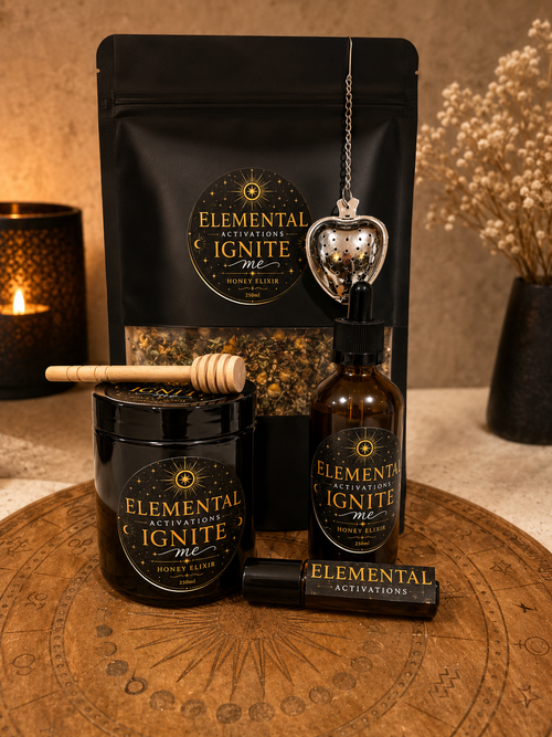 Elemental Activations Ignite Me Sun range — honey elixir, tincture, roller and tea bag flat lay